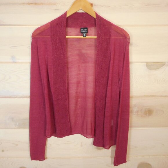 Eileen Fisher Women's size M Linen Blend Sheer Cardigan Raspberry Red - Picture 1 of 12
